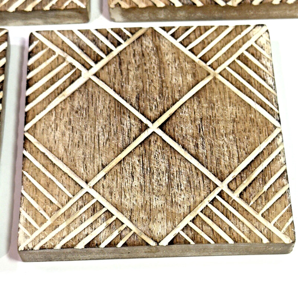 Real Wood Coasters Set of 4 Rustic Carved Geometric Boho Tribal Eclectic 4 Inch - Picture 4 of 5